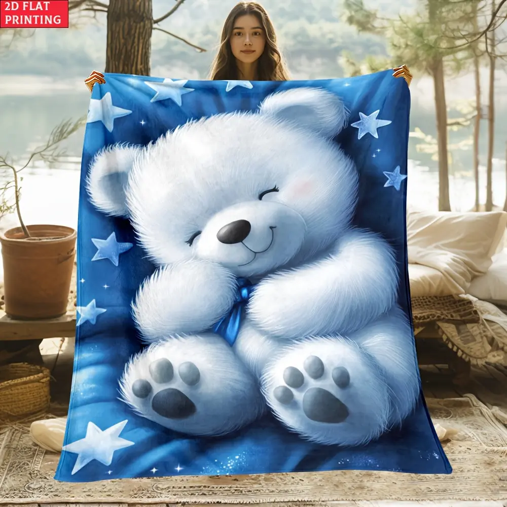 White Teddy Bear Blanket, Soft Flannel Throw Blanket with Blue Star Plush Bear Print, Cozy Gift for Kids Girls Boys Toddlers and Teddy Bear Lovers, Nursery Bedroom Decor for Bed Couch Sofa, Lightweight Warm Throw for Naptime Movie Night