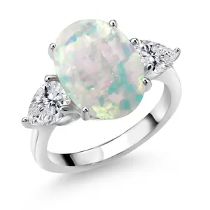 Gem Stone King 925 Sterling Silver White Opal and Lab Grown Diamond Engagement Ring For Women | 5.54 Cttw | Oval Cabochon 14X10MM | Gemstone October Birthstone