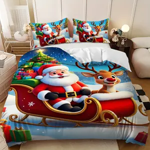 Bedding 3-piece set - 3PCS,Christmas red and white snow scene Santa Claus reindeer sleigh design down comforter set (1 duvet cover + 2 pillowcases, filling not included). soft and comfortable, suitable for family bedrooms.