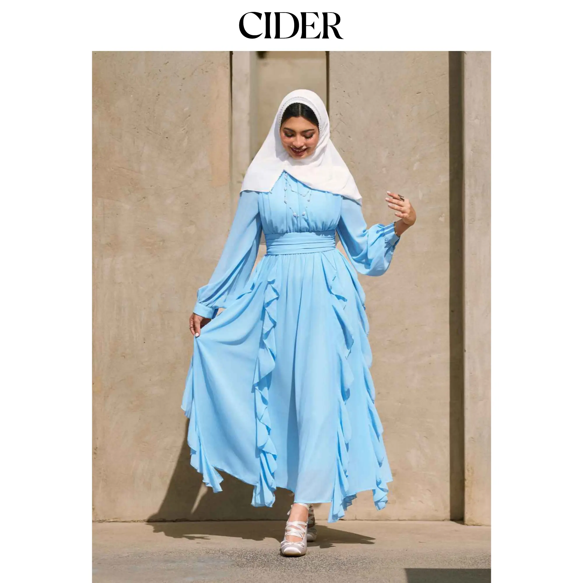 Cider Chiffon Stand Collar Ruffled Lantern Sleeve Flared Maxi Dress