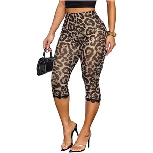 GORGLITTER Women's Cheetah Print Capri Leggings Y2K Lace Trim Party Club Leopard Skinny Cropped Pants