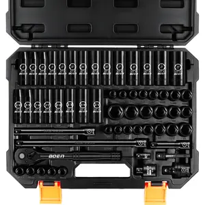 BOEN 3/8" Drive Impact Socket Set, 57 PCS Standard SAE(5/16"-3/4") & Metric(8-22mm), Deep & Shallow, Cr-V Steel, 6-Point, hand tool, father gift, with Adapters, Ratchet Handle, Additional 10mm Sockets