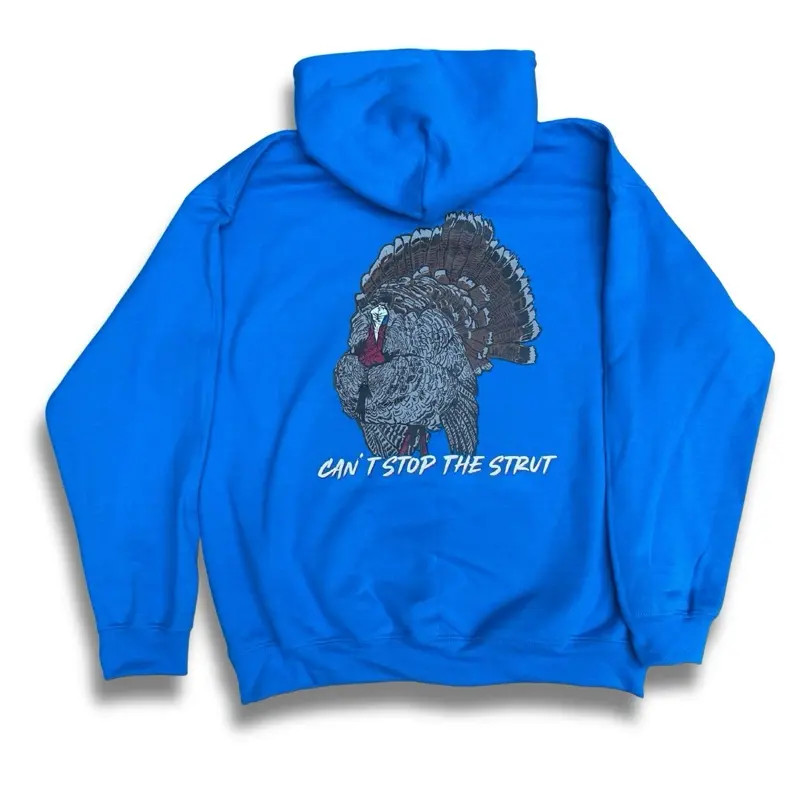 Men's Unisex Adult Sizes Vintage Hooded Sweatshirt - Vibrant Blue, Soft Cotton, Casual, Turkey Graphic, Bold "Can't Stop The Strut" Text