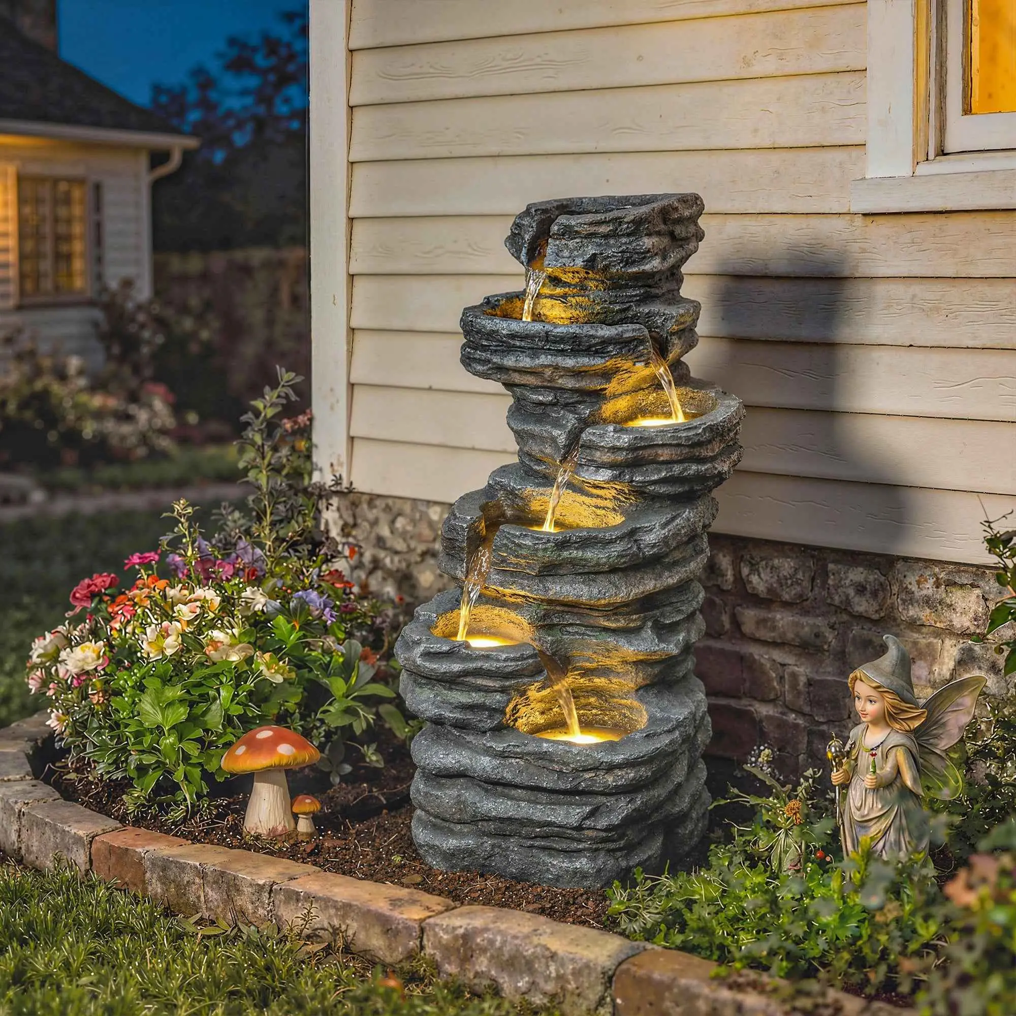 Outdoor Waterfall Fountain - 40" Tall Cascading Fountain with LED Lights