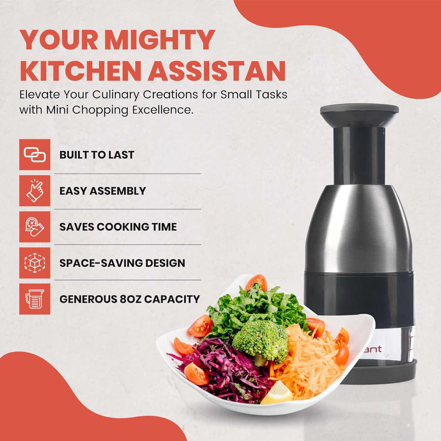 Stainless Steel Manual Food Chopper | Hand Pull Garlic Mincer & Vegetable Dicer | Onion Cutter, Nut Grinder, Herb Chopper | Dishwasher Safe Kitchen Gadget