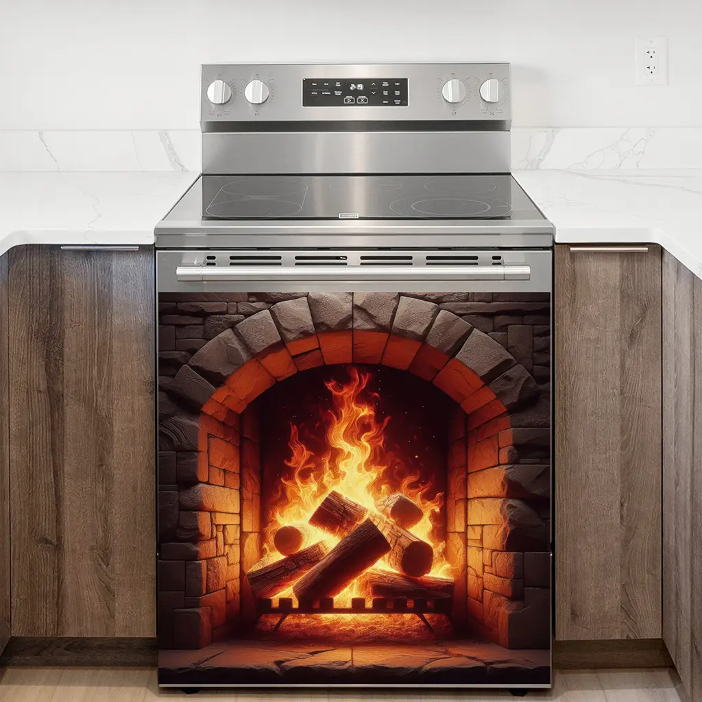 1 Set, 1 Pcs Reusable, waterproof and detachable PVC material oven sticker of a simulated flame-burning stove, suitable for kitchen decoration, living room decoration, bedroom decoration, home decoration and festival decoration.