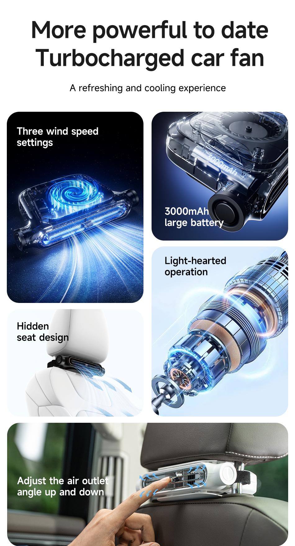 2026 Upgraded Car Fan, Mini Portable USB Cooling Fan for Driver & Passenger Seat, 3 Wind Speeds Quiet Backseat Headrest Neck Fan for Kids Baby, Universal Vehicle Accessories for Car Jeep Van RV Truck