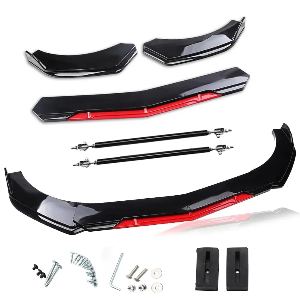 Universal Car Front Bumper Set Lip Spoiler Splitter Body Kit for Car Decorations,68.9in-72.8in Adjustable Sharp Corner,with 2 Strut Rods, 2 Layer Lip Glossy Black with Red Tongue