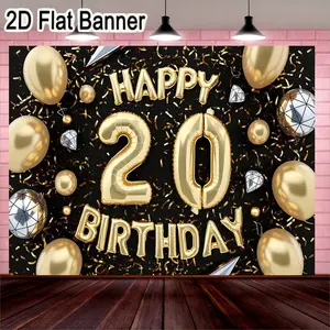 2D flat banner, 1pc20th Birthday Party Decorations, Black and Gold Happy Birthday Backdrop with Golden Foil Balloons, Glamorous Celebration Setup for 20th Birthday Events, Includes 'HAPPY', 'BIRTHDAY' and Large '20' Balloons, Perfect for Adult Birthd
