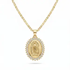 Nandudu 14K Gold Plated Our Lady of Guadalupe Necklace for Women and Men Iced CZ Halo Virgin Mary Pendant, Religious Faith Jewelry, Ideal Baptism & Confirmation Gift