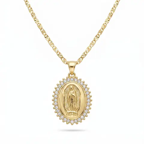 Nandudu 14K Gold Plated Necklace for Women Our Lady of Guadalupe Iced CZ Halo Virgin Mary Pendant, Religious Faith Jewelry,Gift