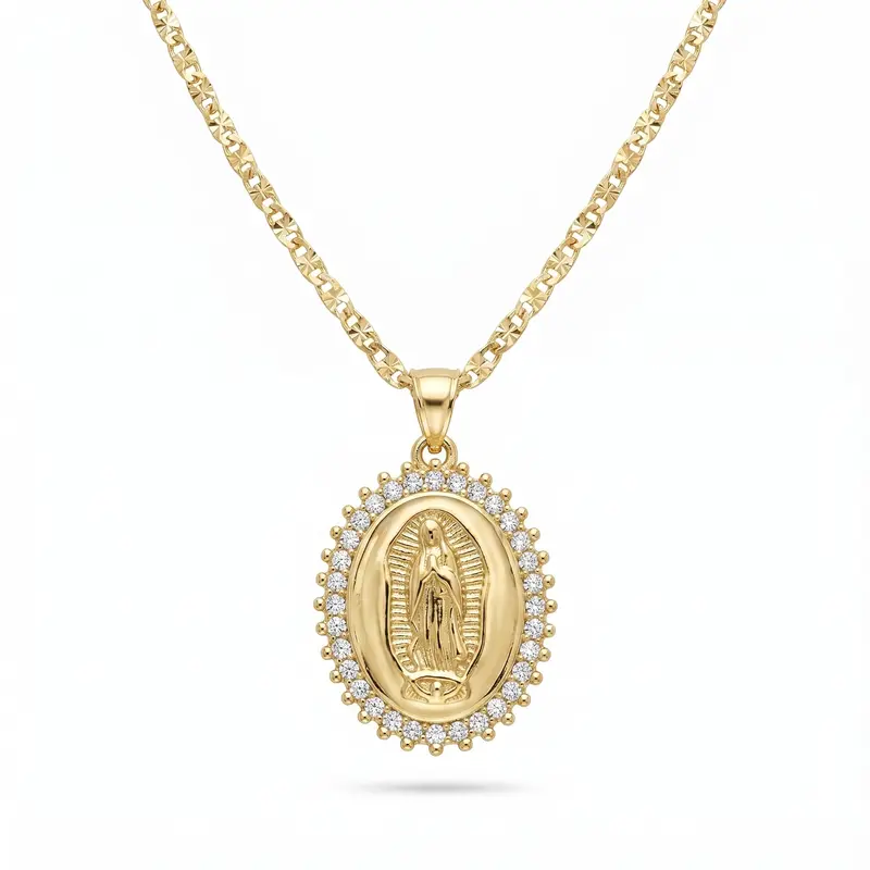 Nandudu 14K Gold Plated Necklace for Women Our Lady of Guadalupe Iced CZ Halo Virgin Mary Pendant, Religious Faith Jewelry,Gift