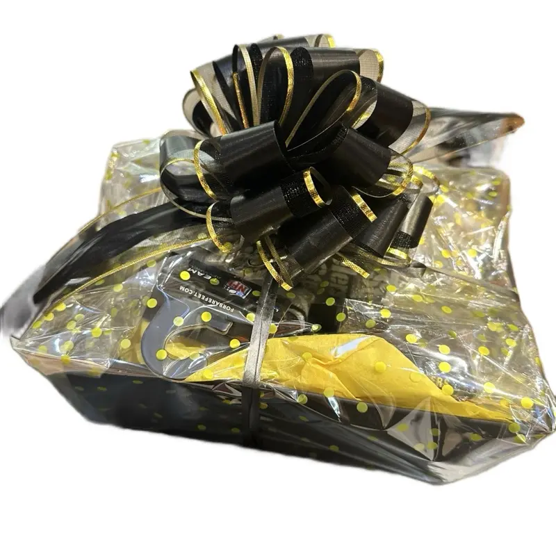 Black Friday Steeler Basket with Golden Polka Dot Wrapping and Elegant Black Bow for Festive Occasions