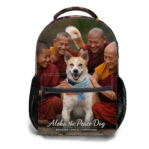 Peace Walking Monks and Aloka Dog Walk Backpack for Girls, Y2K Aesthetic School Bag with Front Zipper Pocket, Cute Cartoon Printed Bookbag for Kids and Teens, Lightweight Casual Travel Daypack for Back to School d-205