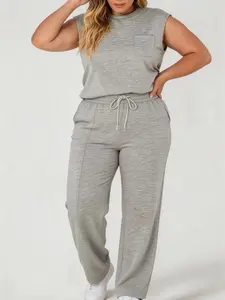 Plus Size Women's Sleeveless Top Drawstring Adjustable Pants Two-Piece Set, Casual Summer, Comfortable and Stylish, Perfect for Daily Wear