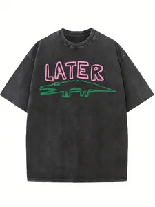 Vintage Later Alligator Funny Cartoon Crocodile T-Shirt, Pink Green Outline Washed Black Cotton Oversized Short Sleeve Casual Crewneck Tee