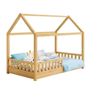 [MothersDayGift] ALBOTT Twin Size House Bed for Kids, Montessori Wooden Floor Bed Frame with Guardrails, Removable Rails, Playhouse Roof, Easy Assembly, Toddler Floor Bed for Boys & Girls