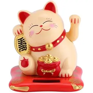 Lucky Beckoning Cat Solar Powered Waving Wealth Cat Feng Shui Decor for Shop Home Car 3" Tall (Yellow)