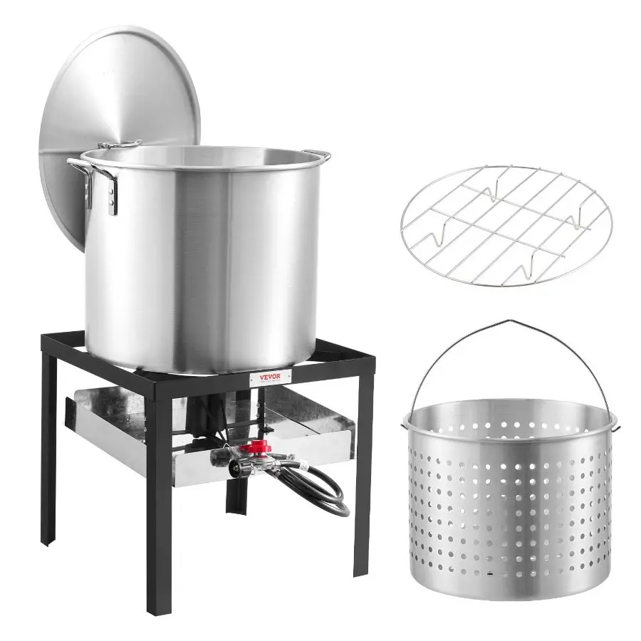 【Summerfinds】 Aluminum 60qt Capacity Seafood Boiling Kit with Strainer, Outdoor Stockpot, Basket, 100000 BTUs Burner, Steamer Rack, Cooking Set for Crab, Crawfish, Lobsterdealsforyoudays