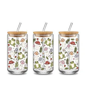Dreamy Cute Frog Mushroom Design 16oz Glass Water Cup, Tumbler with Lid and Straw, Bamboo Lid Pink Halloween Reusable Glass Drinking Cup, Glass Jar Design, Suitable for Iced Coffee, Cold Drink Glass Cups