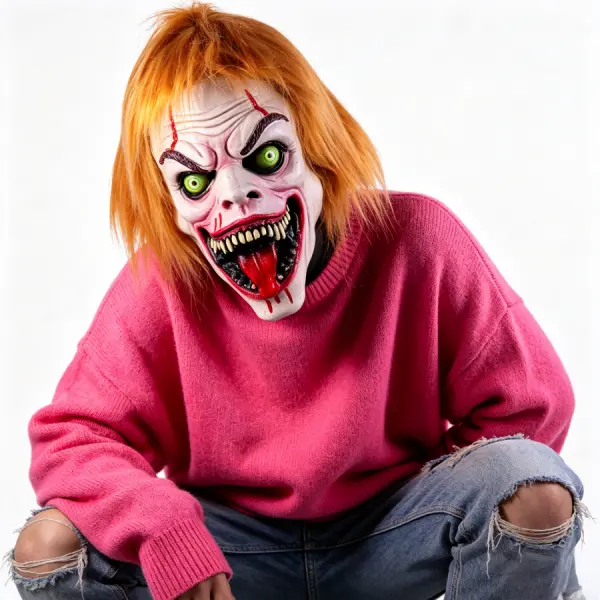 Realistic scary clown latex mask, horror fluorescent green eyes full-face clown mask with menacing snarling mouth, sharp teeth, and blood tongue, golden brown fluffy messy short hair. Suitable for Halloween haunted house clown-themed parties, horror theme