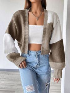 women's colorblock print drop shoulder cardigan, casual long sleeve open front knitwear for fall & winter, fashion ladies' knit clothing for daily wear