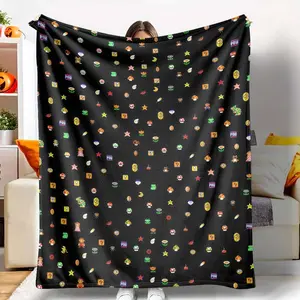 Retro Game Icons Flannel Blanket Colorful Pixel Art Print Soft Cozy Warmth Ideal for Sofa Bedroom Gaming Room Holiday Decor Housewarming Gift Movie Night