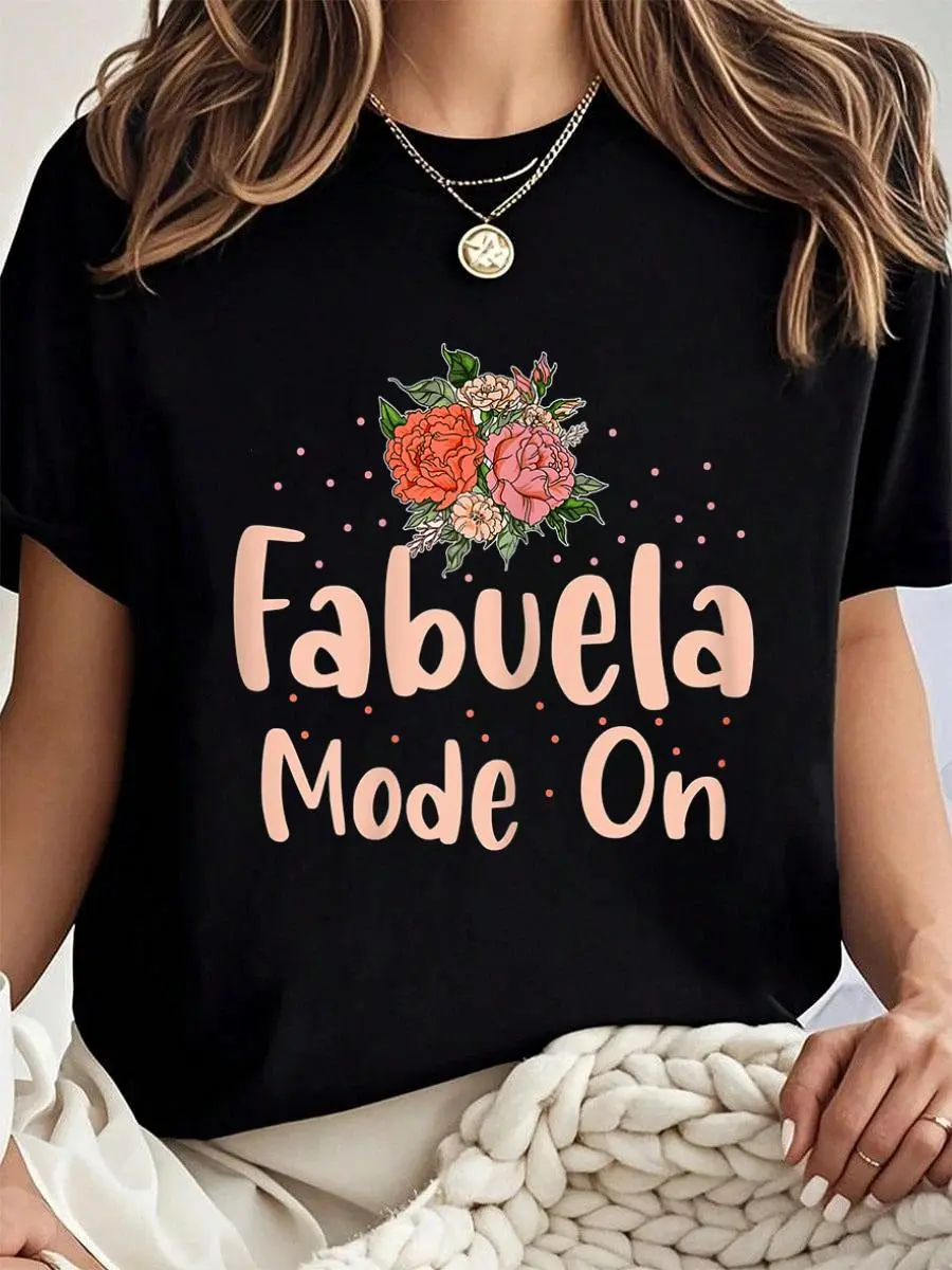 100% cotton Womens Fabuela Mode On Pun for a Spanish Grandma Abuela T-Shirt Women Graphic T-Shirt Cotton Print short Sleeve Casual Top, Summer Tee Womens Tops