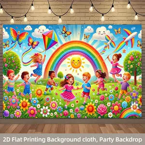 2D Flat, A 2D Banner, Photo Backdrops, Party decoration supplies, 1pc, Featuring a Rainbow Joy Party Theme, Polyester Backdrop Adorned with Cheerful Faces, Rainbows, Ideal for Celebrations