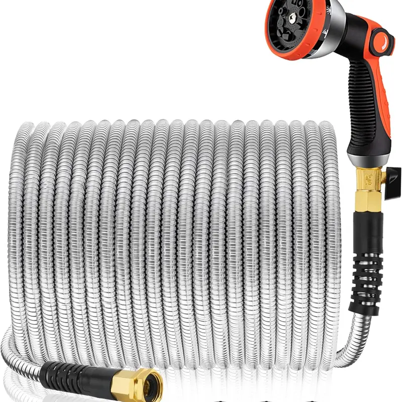 Garden Hose 50 ft Metal - Stainless Steel Water Hose Flexible Metal Garden Hose Collapsible and No Kink Water Pipe High Flow Nozzle