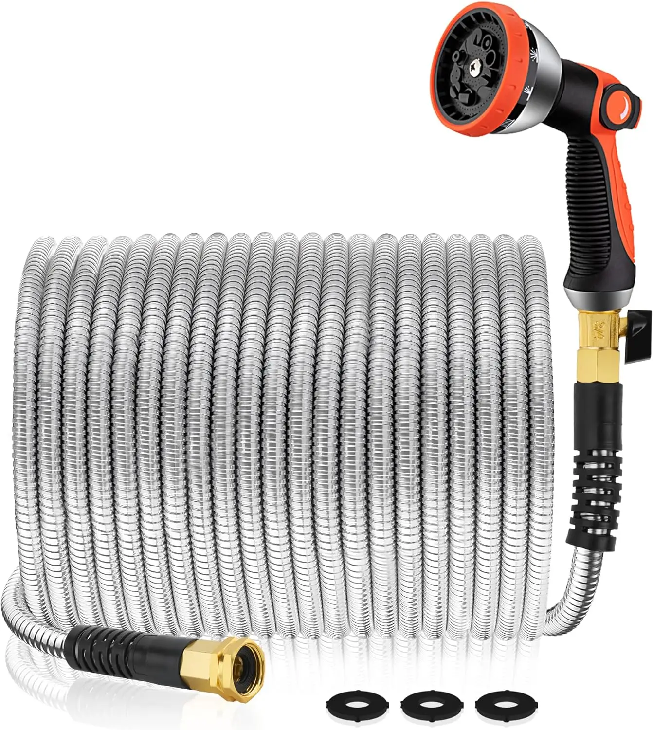 Garden Hose 50 ft Metal - Stainless Steel Water Hose Flexible Metal Garden Hose Collapsible and No Kink Water Pipe Adjustable Nozzle