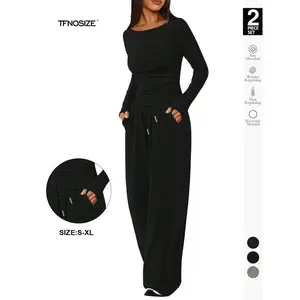 Women’s two-piece off-shoulder top with matching pants, a casual autumn outfit