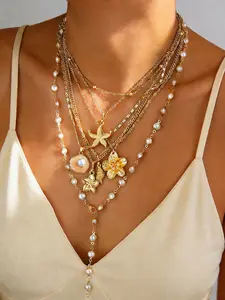 6-Piece Necklace Set, Boho Style, Flower Pendant Necklace, Geometric Patterns, Y-Chain Design, Multi-Layered, Perfect for Daily Wear, Beach, Parties, Mother's Day Gift