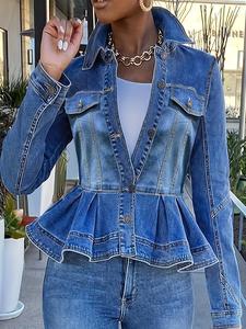 【plus size】 ruffle trim denim jacket, casual long sleeve outerwear for daily wear, women's plus clothing for spring & fall