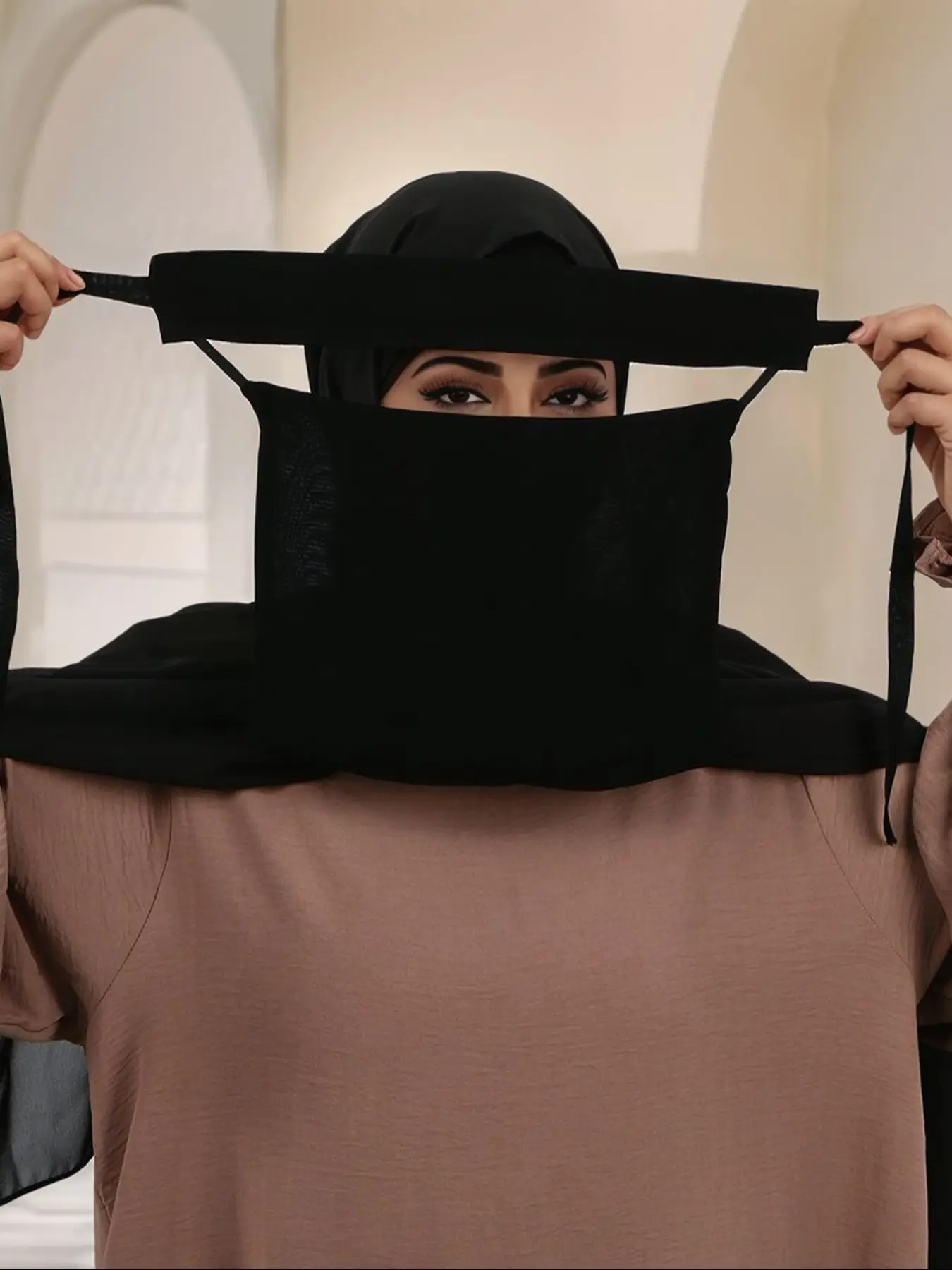 Muslim Women's Soft Skin-Friendly Lace-Up Niqab Mask, Breathable Woven Fabric, Elegant Design for All Seasons, Comfortable Face Covering