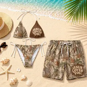 Jesus Loves You Camo Couple Swimwear Set, Matching Bikini and Men's Trunks, Christian Beachwear Gift, Camouflage Swimsuit Outfit