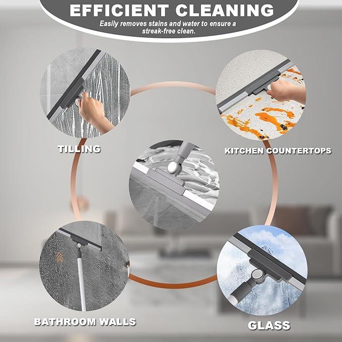 Floor Squeegee with 44.49'' Long Handle - 180° Rotating Head, Squeegee for Floor | Squeegee Broom | Squeegee for Window Cleaning | Bathroom Tile | Deck, Cleaning Essentials