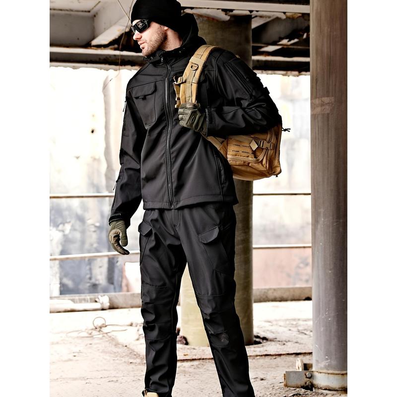 Men's Windproof Fleece Lined Hooded Jacket and Set, Multi-Pocket Design - Durable Polyester Outdoor Gear, Suitable for Hiking, Camping Riding and Camping Accessories tracksuit outfit Unisex Street Style Hoodsolid color long sleeve hoodiathletic activewear