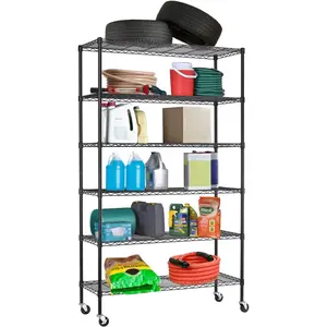 6 Tier Adjustable Metal Shelf Wire Shelving Unit Storage with Wheels 2100LBS Capacity 18" D x 48" W x 82" H for Restaurant Garage Pantry Kitchen Garage Rack,Black