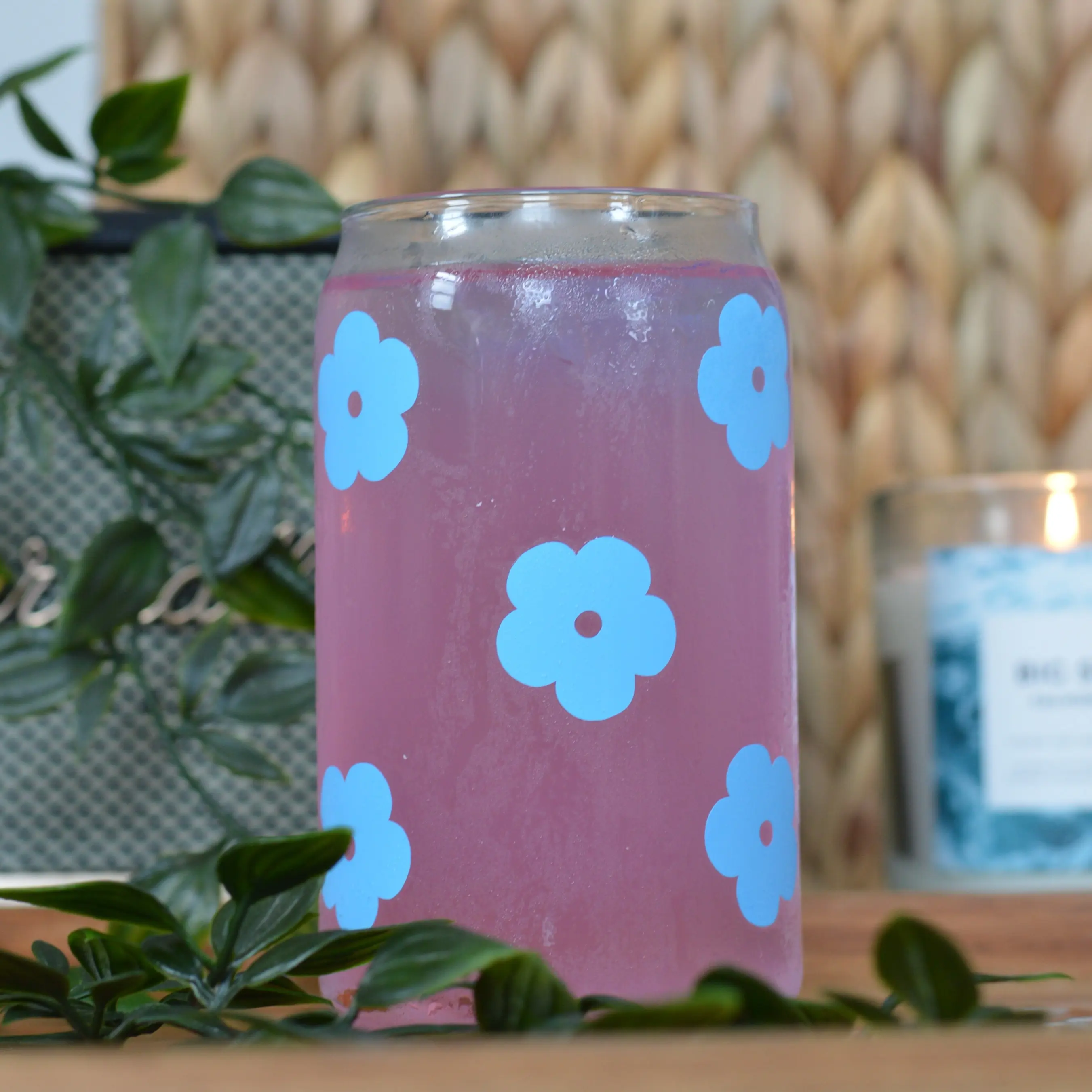 Blue Flower Glass Cup 16 oz