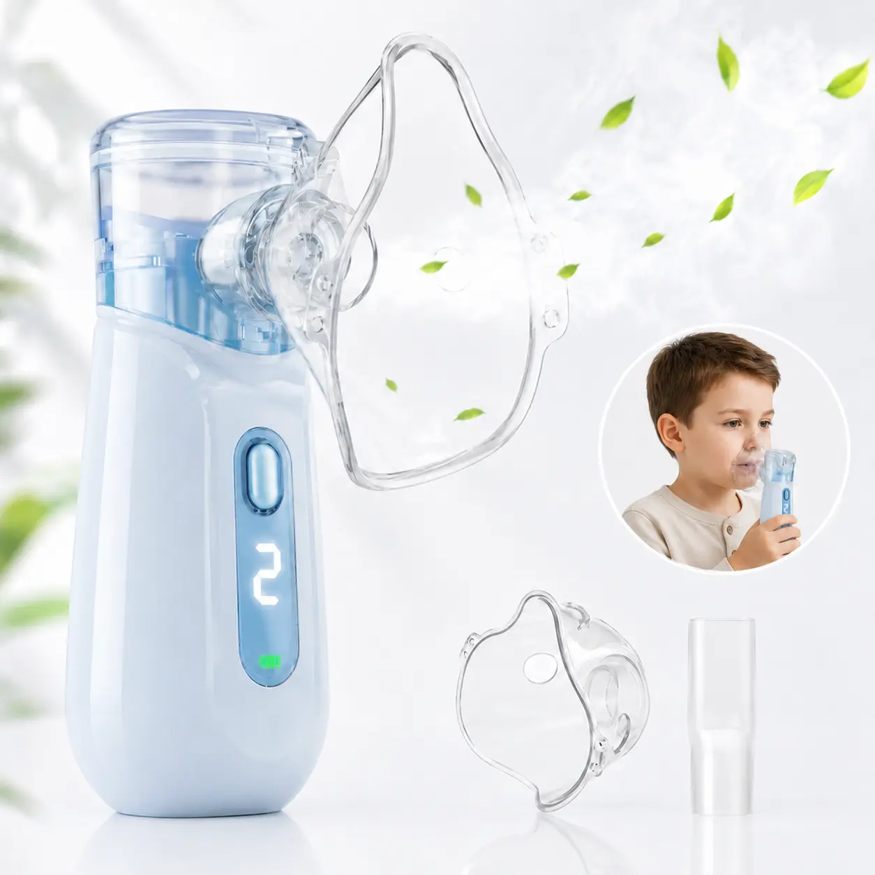 Portable Mesh Nebulizer with 2 Mist Modes, Clear LED Display, USB-C Rechargeable Low-Noise Handheld Design, Adult Mask, Child Mask and Mouthpiece