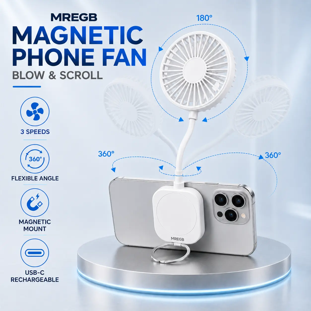 MREGB Magnetic Phone Fan with Holder Portable Handheld Fan Small Desk Fan USB Rechargeable Mini Fan for iPhone 16 15 14 13 Pro Max 360° Foldable Flexible Stand 3 Speeds Personal Cooling Fan for Travel Outdoor Office Gaming Summer Accessories summervibes t
