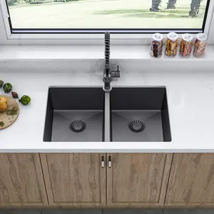 Sinber 32" x 19" Undermount Double Bowl Kitchen Sink with 18 Gauge 304 Stainless Steel Black Finish