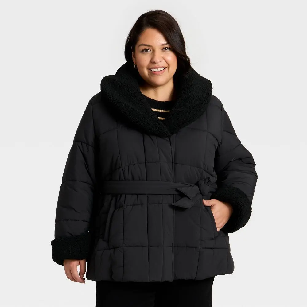 Women's Belted Faux Shearling Puffer Jacket - Ava & Viv