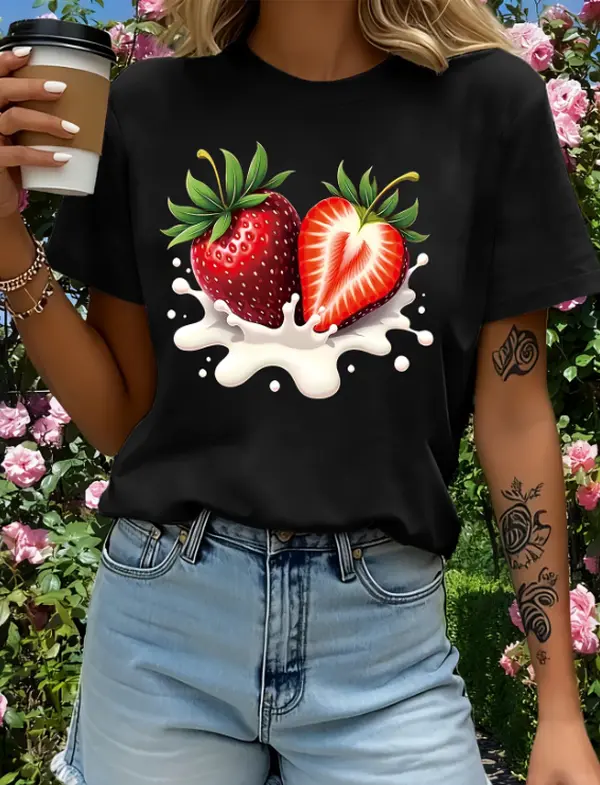 SohoChic- Comfortable Fabric Short Sleeve T-Shirt with Red Strawberry Ice Cream Pattern | Casual Style, Crew Neck, Floral Design, Ideal for Summer
