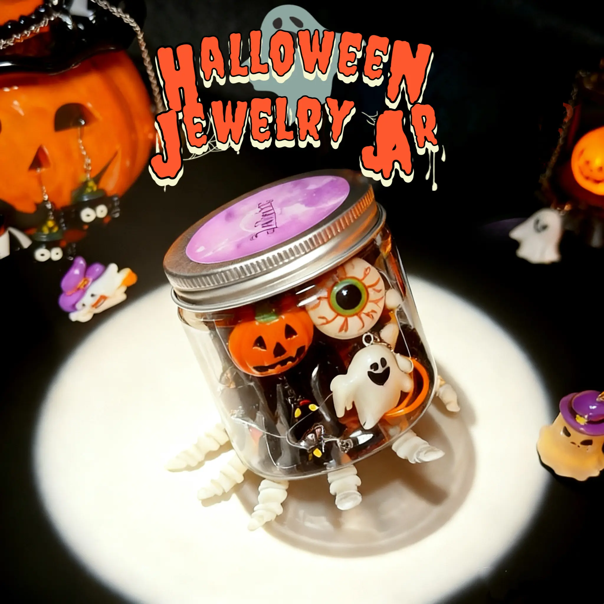 Jollyhit Halloween Mini Cute Jewelry Jar 10PCS Playful Resin Rings Necklaces & Earrings Set Colorful Party  gothic Jar Fun  Gift Idea for Trick-or-Treat Season unique birthday present occult accessory summerwins