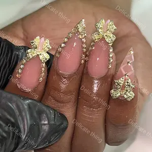 Delicatething Acrylic Nails Set of 10, Y2K Style Pen Shape, Handmade Press on Nails, 3 Sizes S/m/l with Ribbons and Rhinestones, Perfect for Parties and Gifts, Acrylic Fake Nails