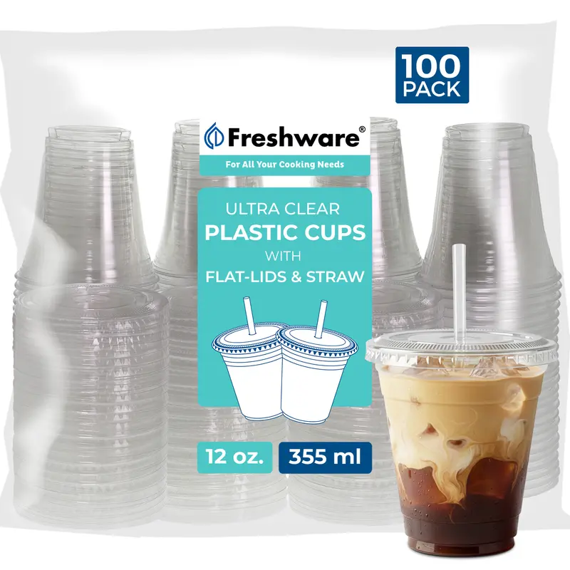 FRESHWARE 12 fl oz Disposable Plastic Drink Cups (100-Pack) - High Quality Plastic, Transparent, BPA-Free, Odor-Free, Crack-Resistant, Eco-Friendly with Colorful Lids+Straws, Show Off Layers & Mix for Birthday, Thanksgiving (100 Cups for Events)