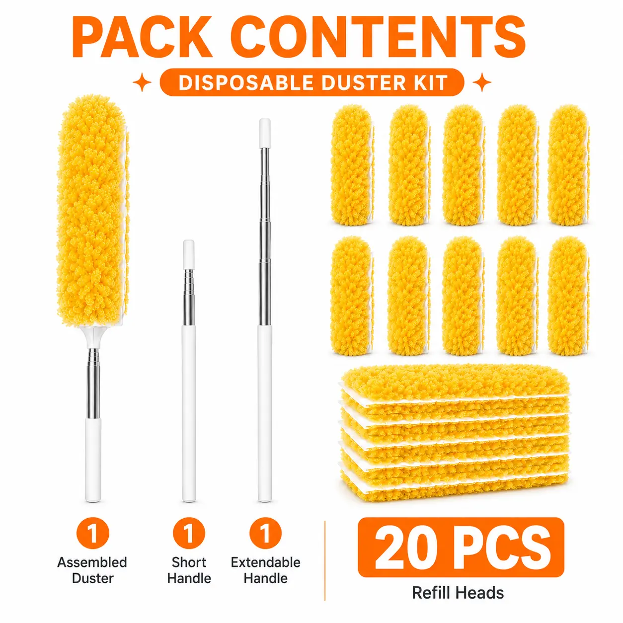 20PCS Disposable Electrostatic Duster Set | Dust-Locking Heads with Extendable Handle for Ceiling Fans, Blinds, Shelves & High-Reach Home Cleaning
