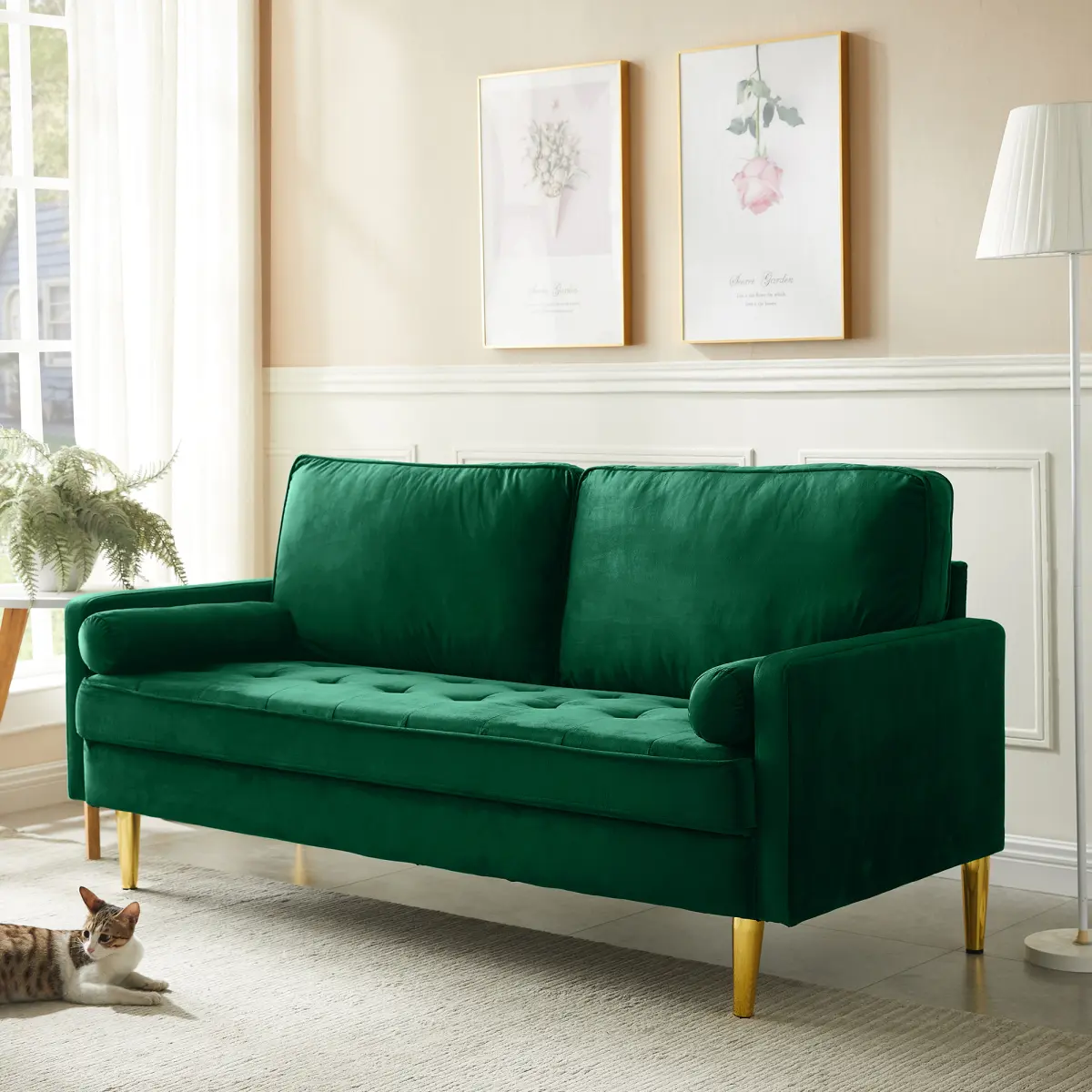 65-inch minimalist velvet sofa with metallic-coloured legs, complete with cushions, suitable for the living room or bedroom.